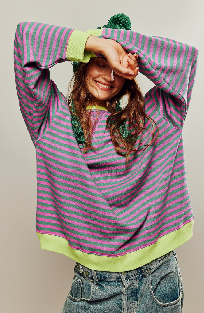 Casual Striped Sweatshirt with Round Neck for Women