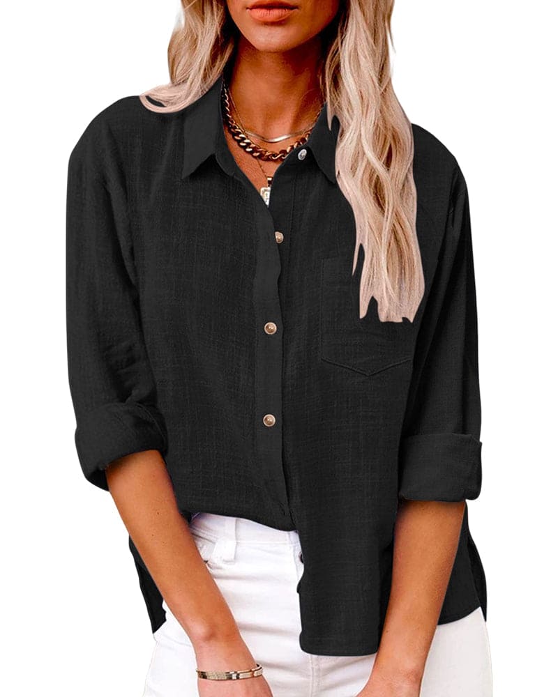 Cotton and Linen Long Sleeve Shirt with Pockets for Women