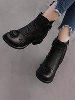 Mid-Heel Leather Boots with Floral Patterns for Women