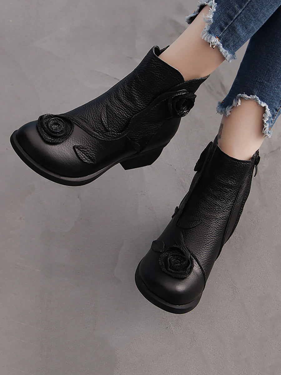 Mid-Heel Leather Boots with Floral Patterns for Women