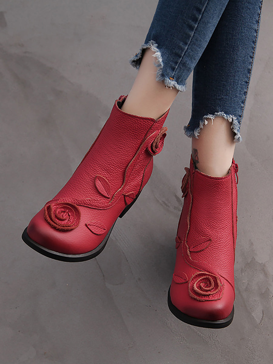 Mid-Heel Leather Boots with Floral Patterns for Women