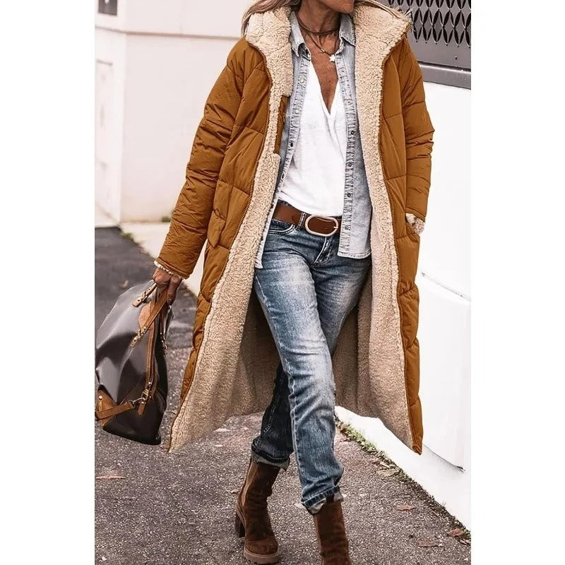 Long Hooded Down Jacket with Sherpa Lining for Women