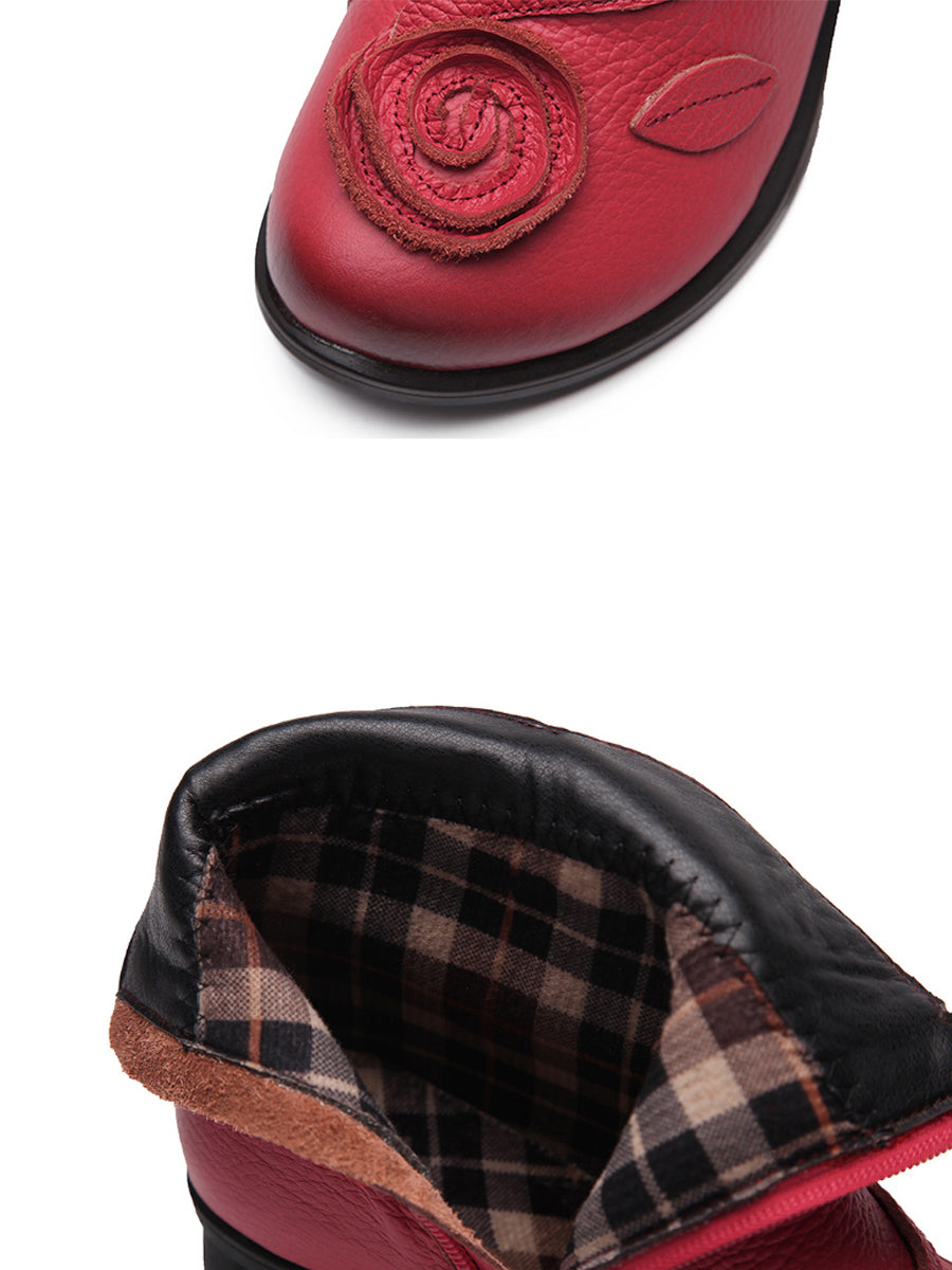 Mid-Heel Leather Boots with Floral Patterns for Women