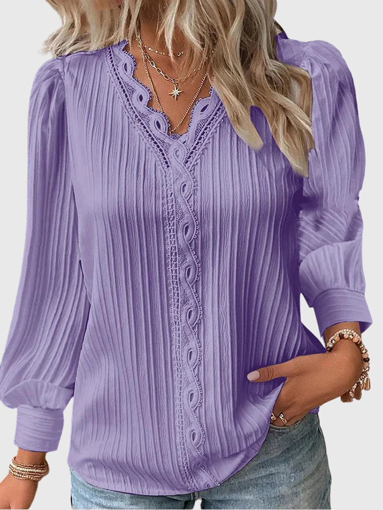 V-Neck Pullover Blouse with Lace for Women