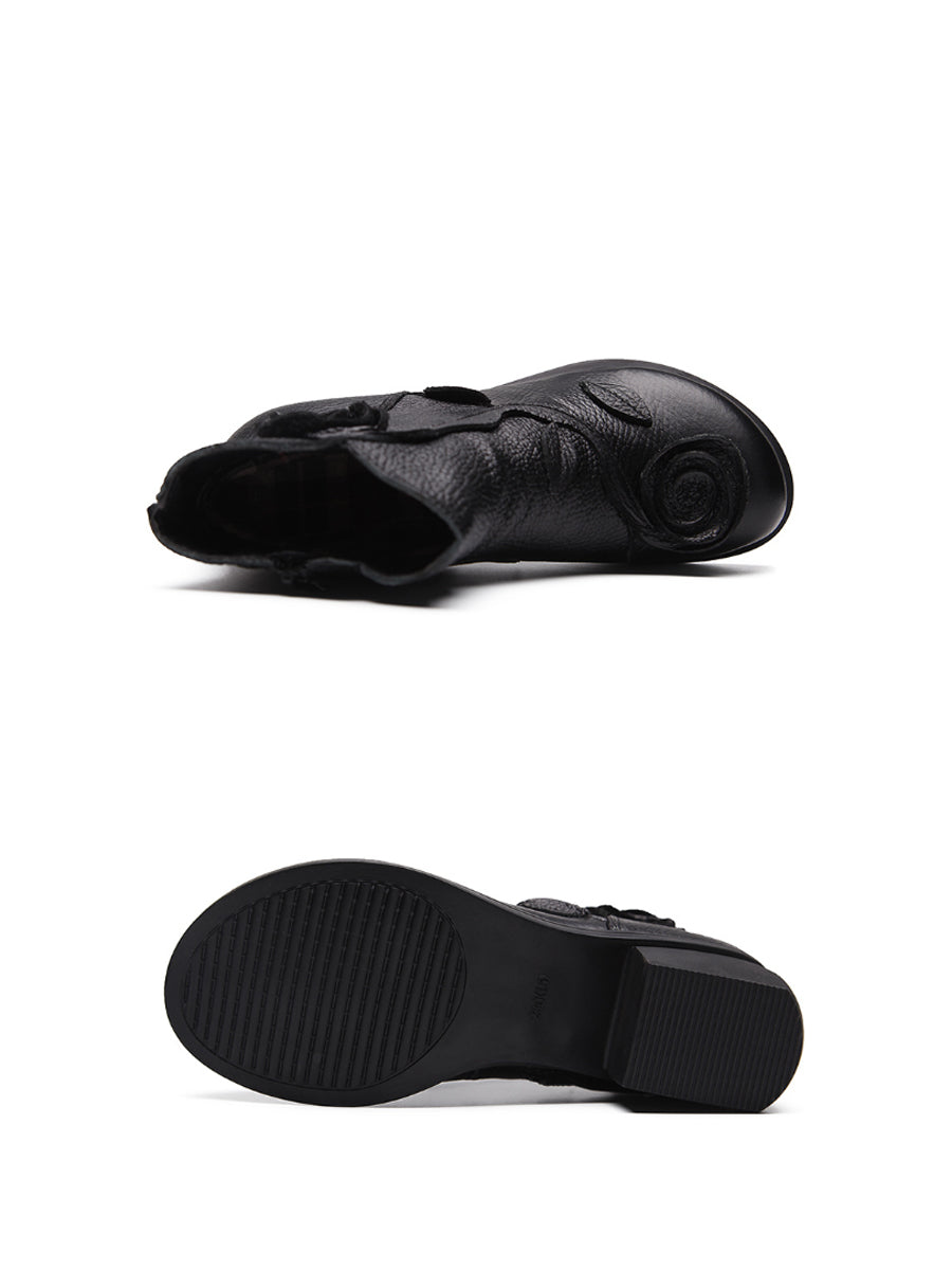 Mid-Heel Leather Boots with Floral Patterns for Women