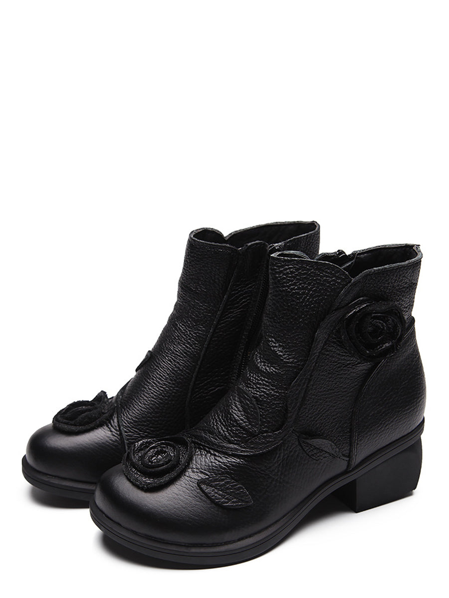 Mid-Heel Leather Boots with Floral Patterns for Women