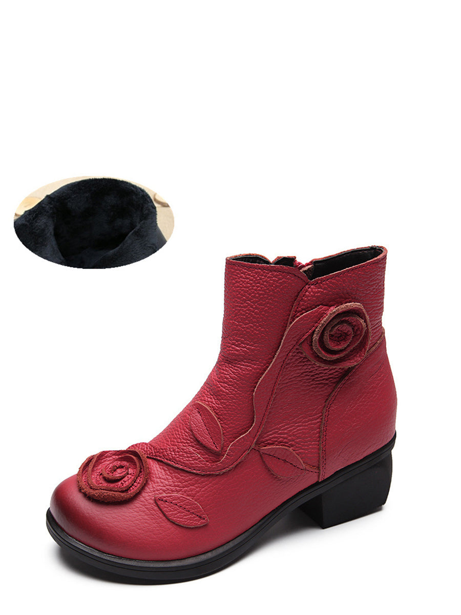 Mid-Heel Leather Boots with Floral Patterns for Women