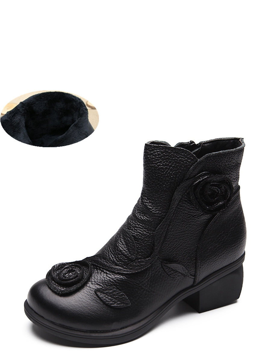 Mid-Heel Leather Boots with Floral Patterns for Women