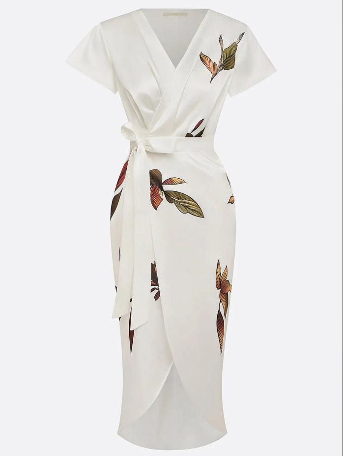 Printed satin wrap dress for women