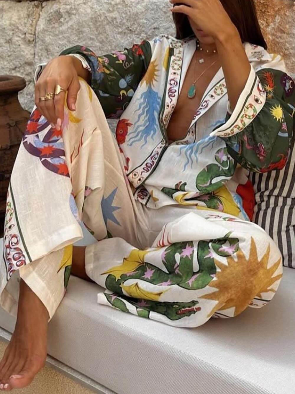 Printed Long Sleeve Shirt and Pants Set for Women