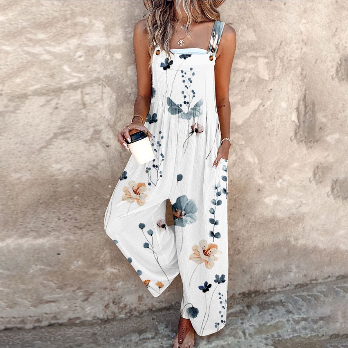 Printed Overalls with Adjustable Straps for Women