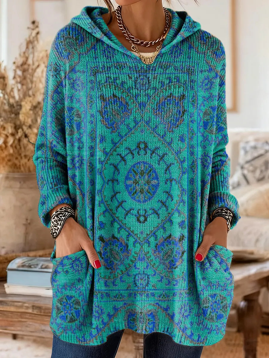 Ethnic Print Knitted Hoodie Tunic for Women