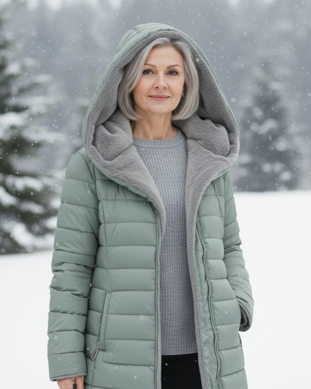 Long Quilted Fitted Down Jacket with Faux Fur Hood