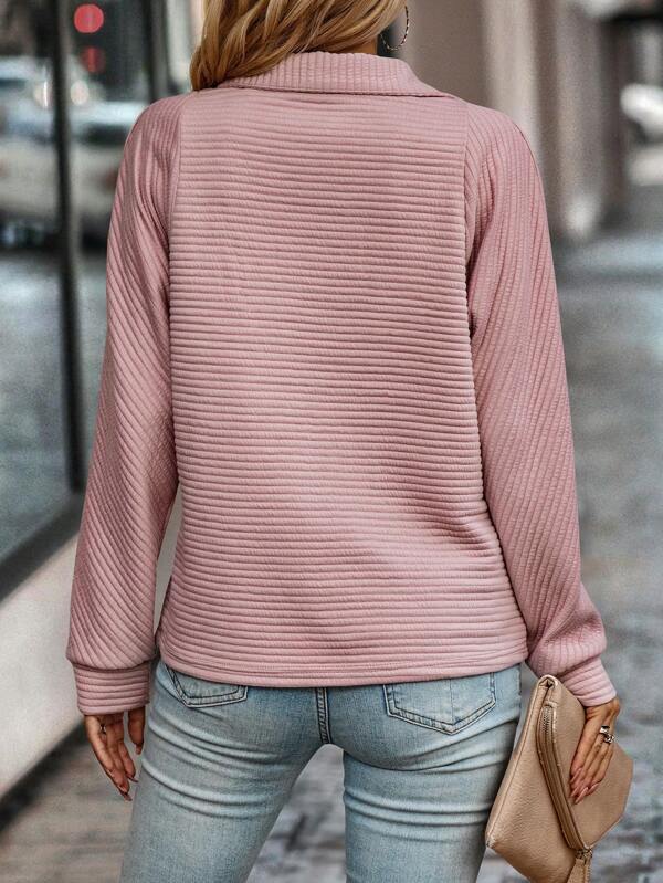 Loose Ribbed Zip-Up Sweater with Long Sleeves for Women  