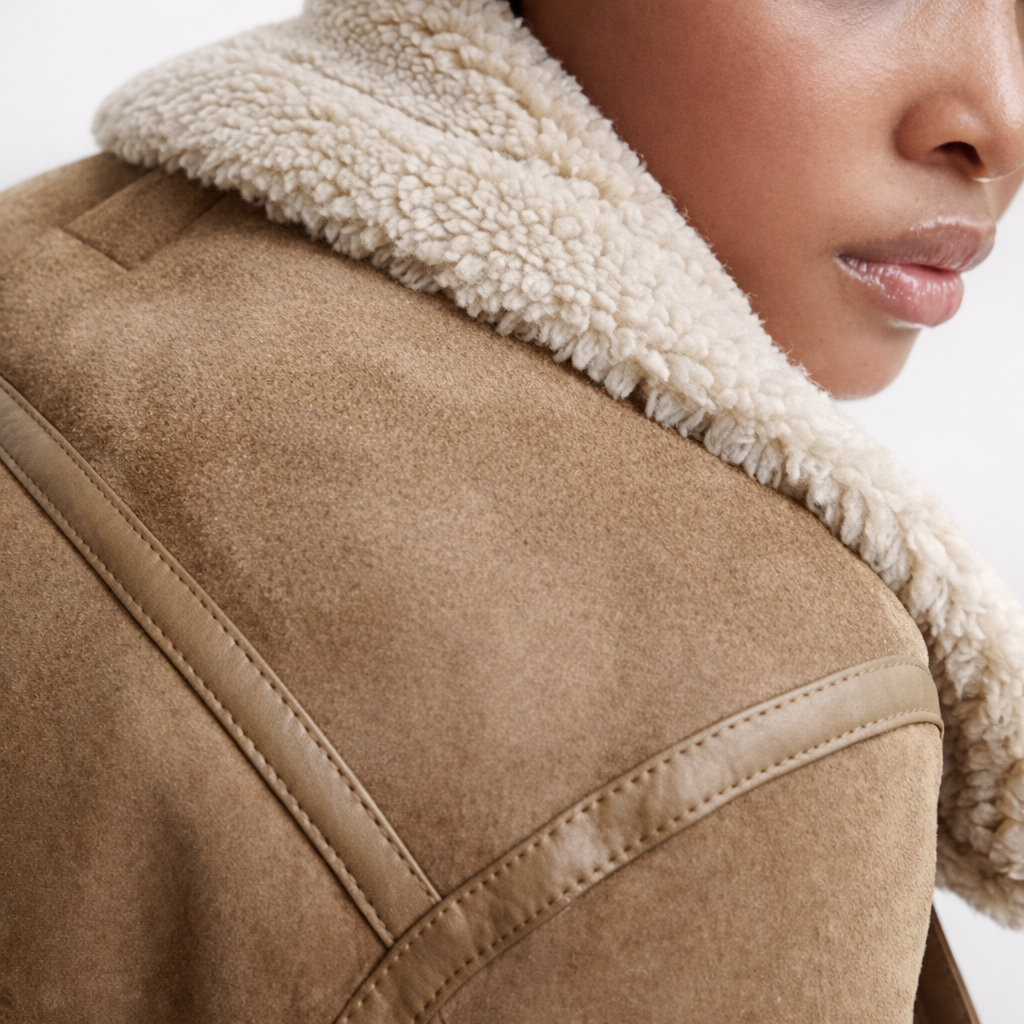 Women's Loose-Fit Suede Aviator Jacket with Belt