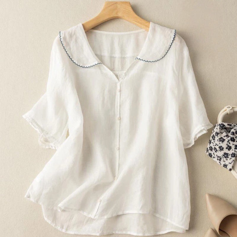 Retro cotton and linen blouse with sailor collar for women