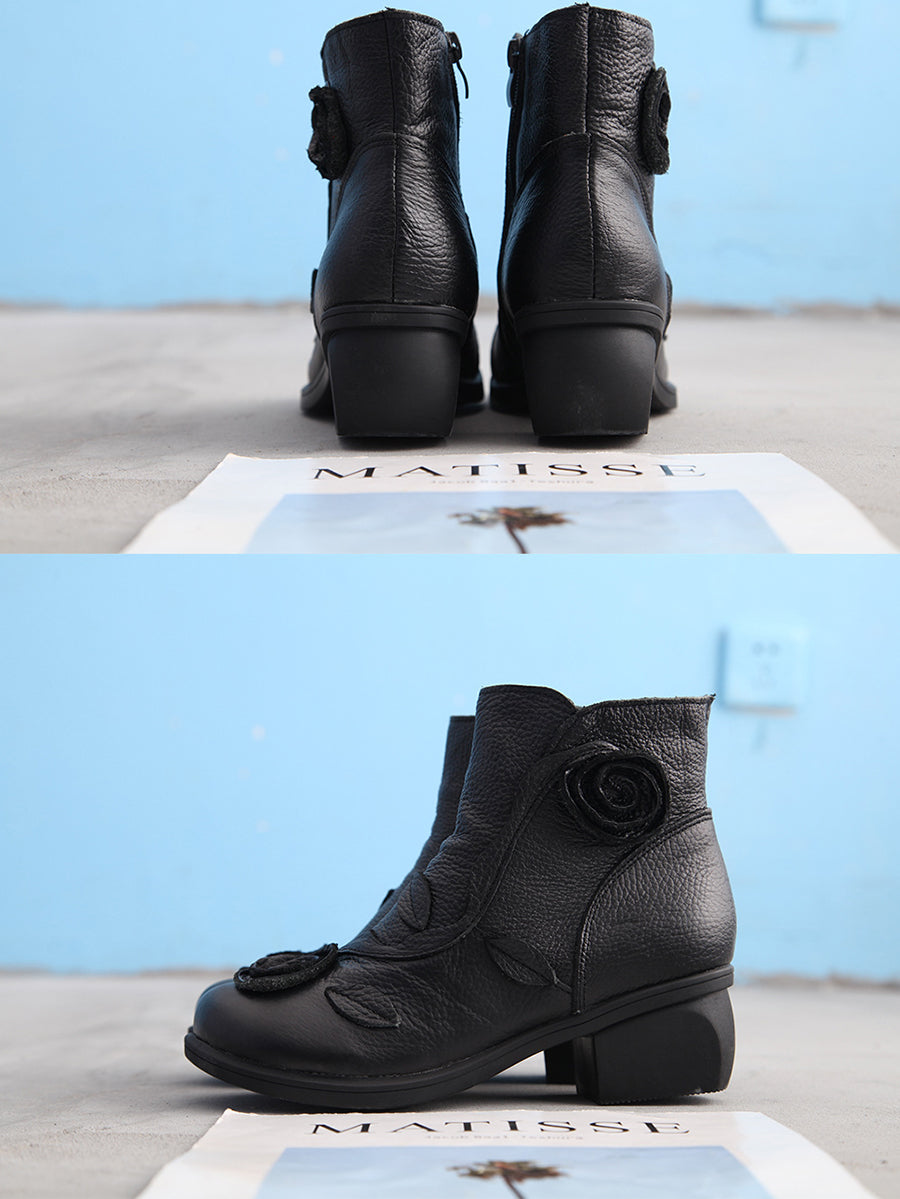 Mid-Heel Leather Boots with Floral Patterns for Women