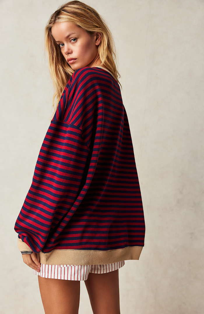 Casual Striped Sweatshirt with Round Neck for Women