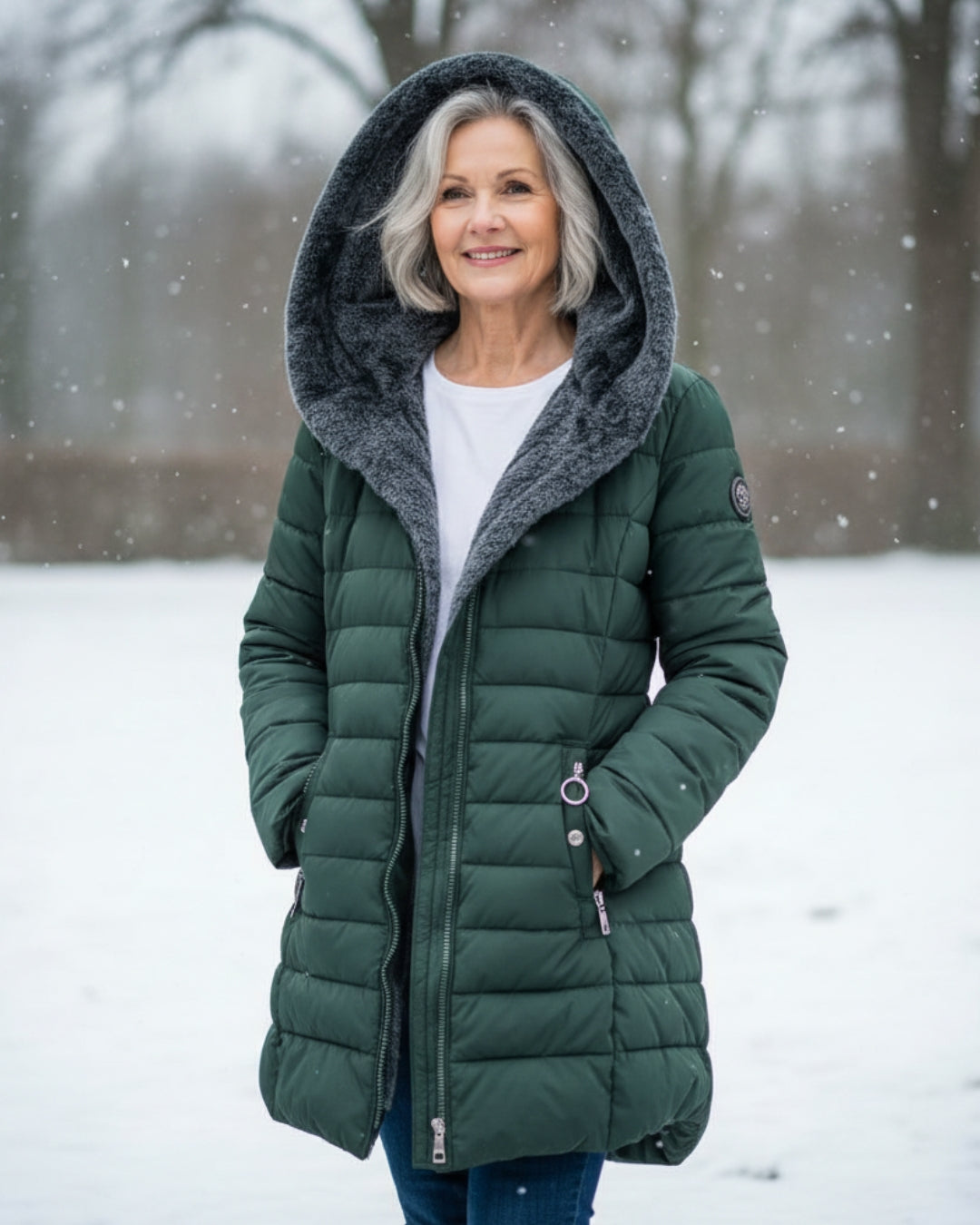 Long Quilted Fitted Down Jacket with Faux Fur Hood
