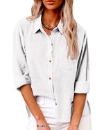 Cotton and Linen Long Sleeve Shirt with Pockets for Women