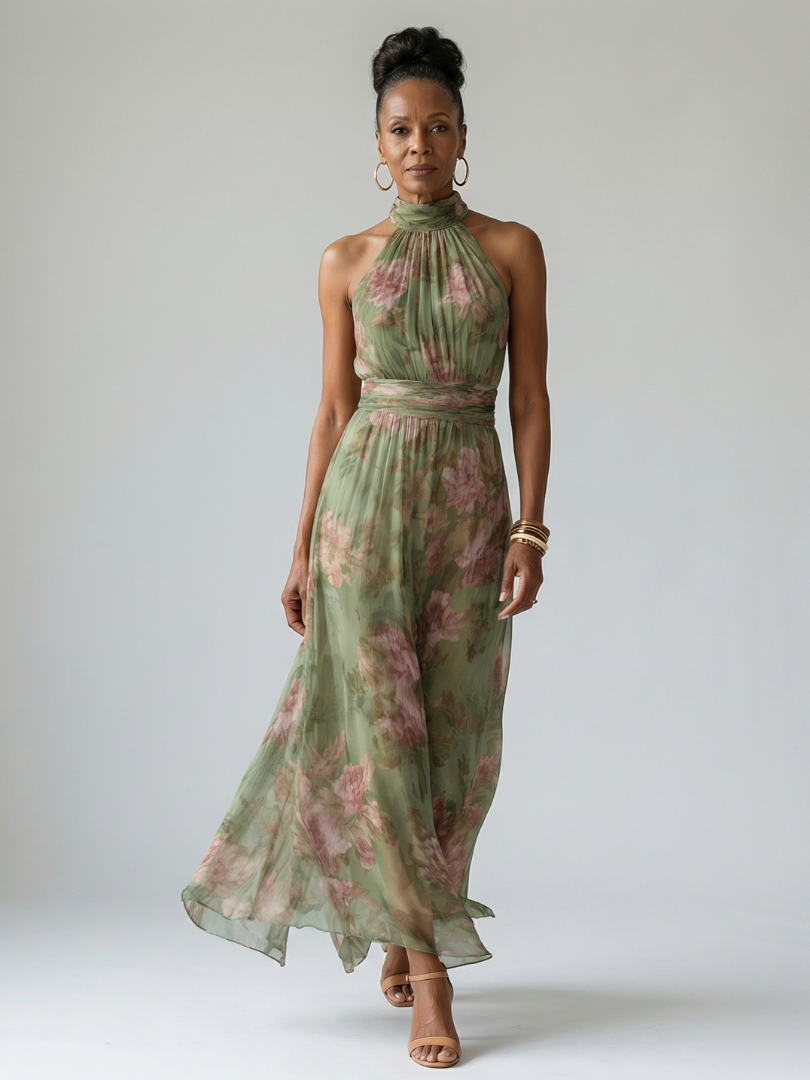 Midi Dress with Fitted Waist and Halter Neck for Women