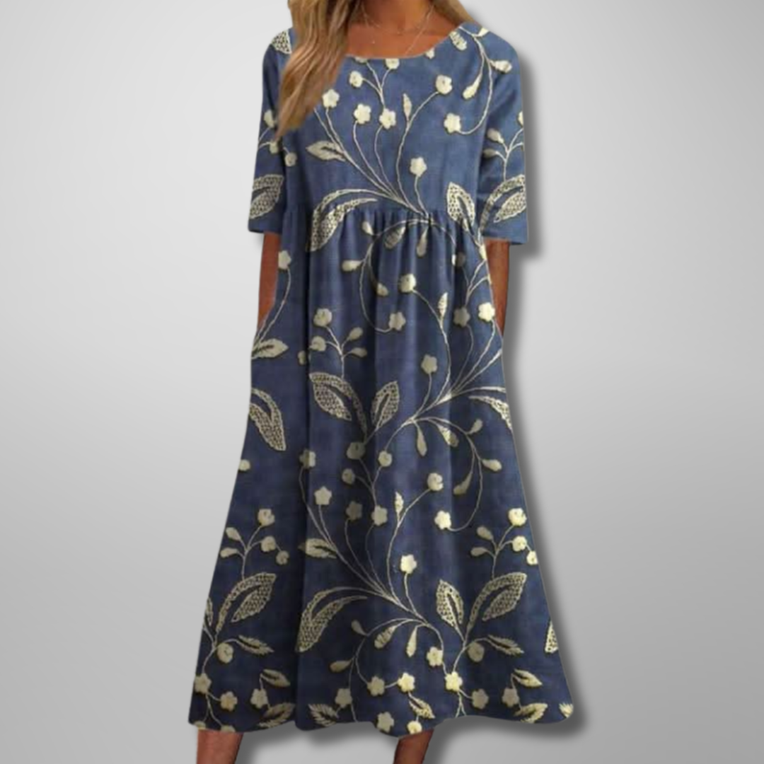 Printed Midi Dress with Round Neck for Women
