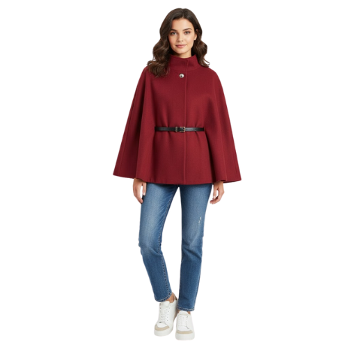 Batwing Sleeve Belted Cape Coat for Women