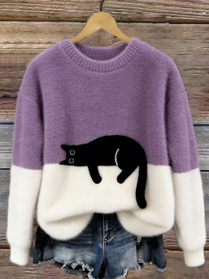 Casual sweater with cat pattern for women
