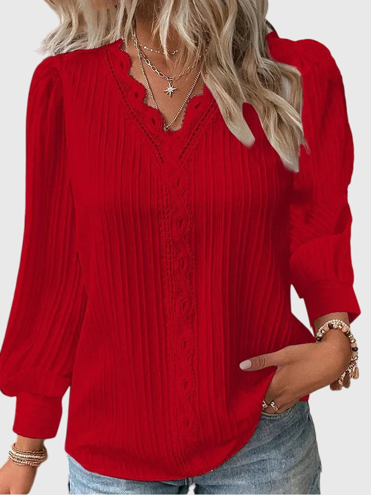V-Neck Pullover Blouse with Lace for Women
