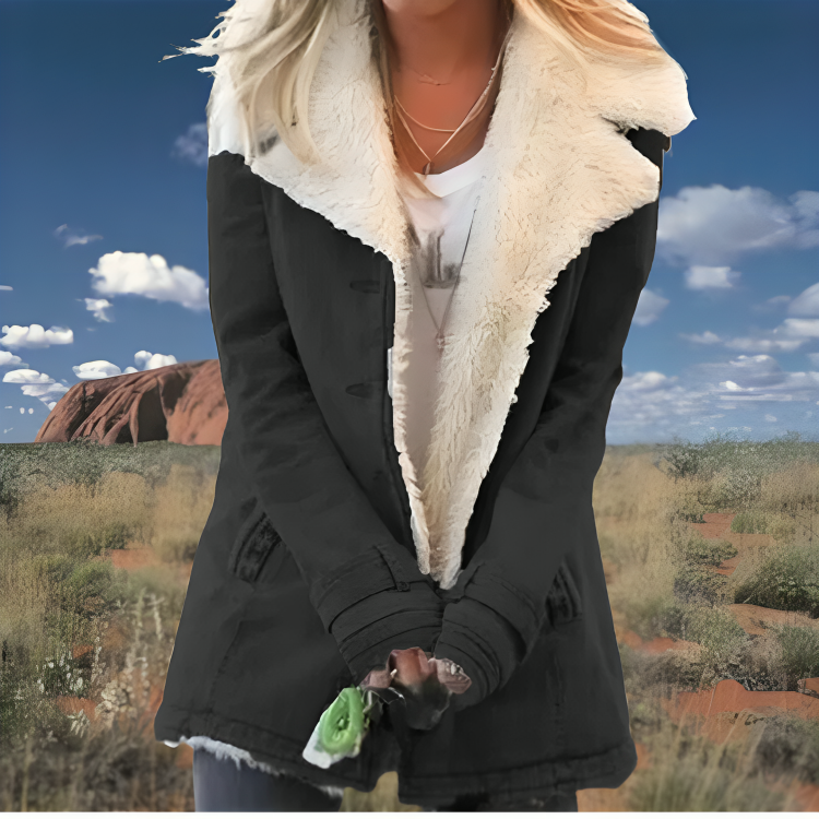 Women's Straight Military Style Jacket with Wide Faux Fur Collar
