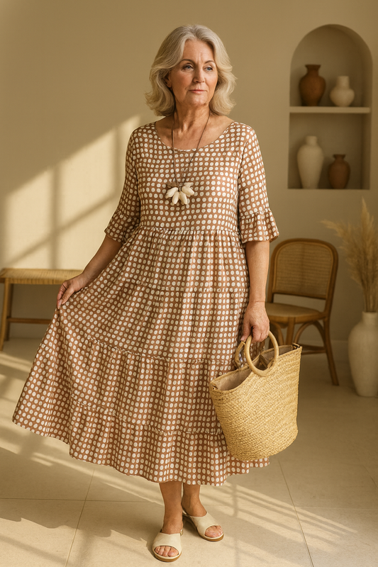 Beige Polka Dot Midi Dress with Flared Sleeves
