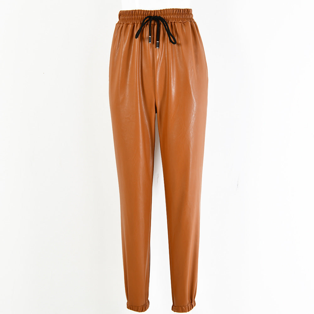Elastic Waist Jogger Faux Leather Pants for Women