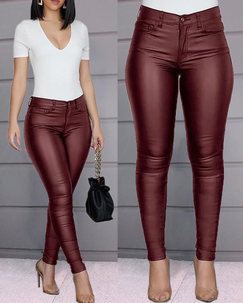 High-Waisted Slim Fit Faux Leather Pants for Women