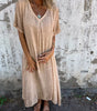 Long cotton and linen dress with V-neck for women