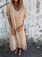 Long cotton and linen dress with V-neck for women