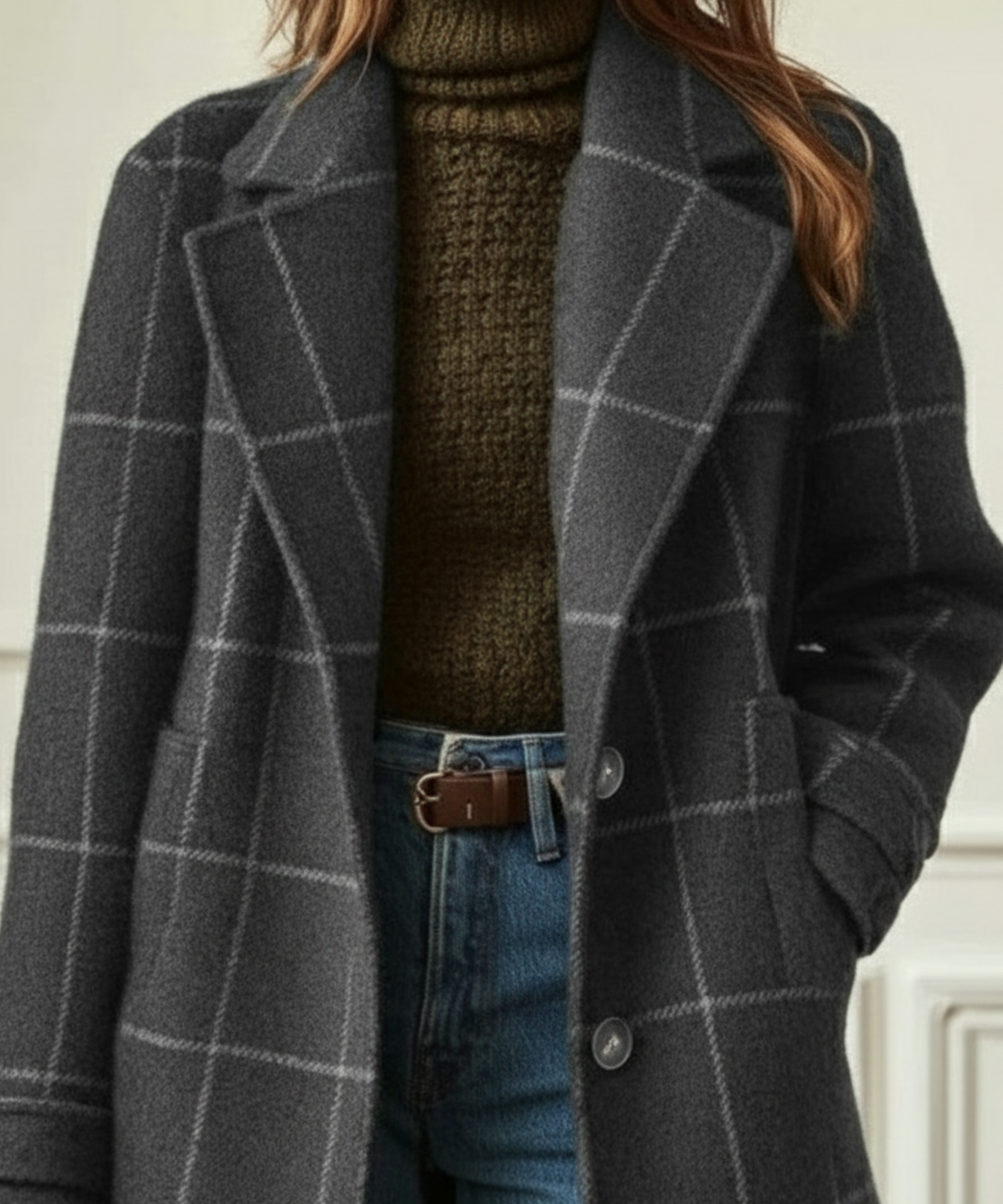 Plaid Wool-Effect Fabric Coat for Women