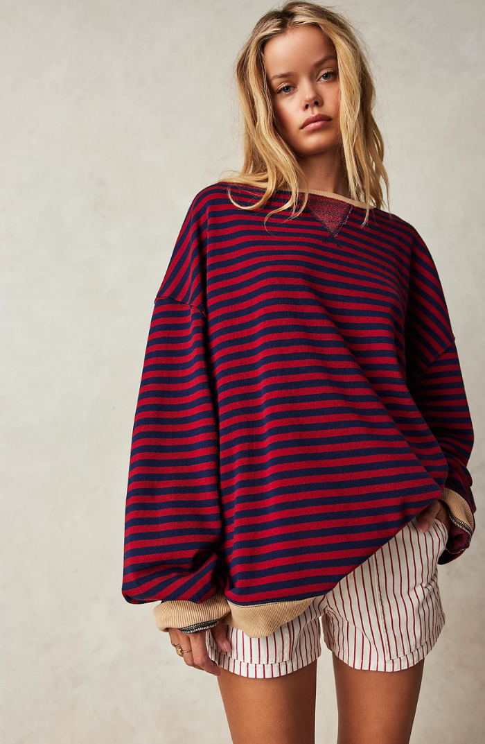 Casual Striped Sweatshirt with Round Neck for Women