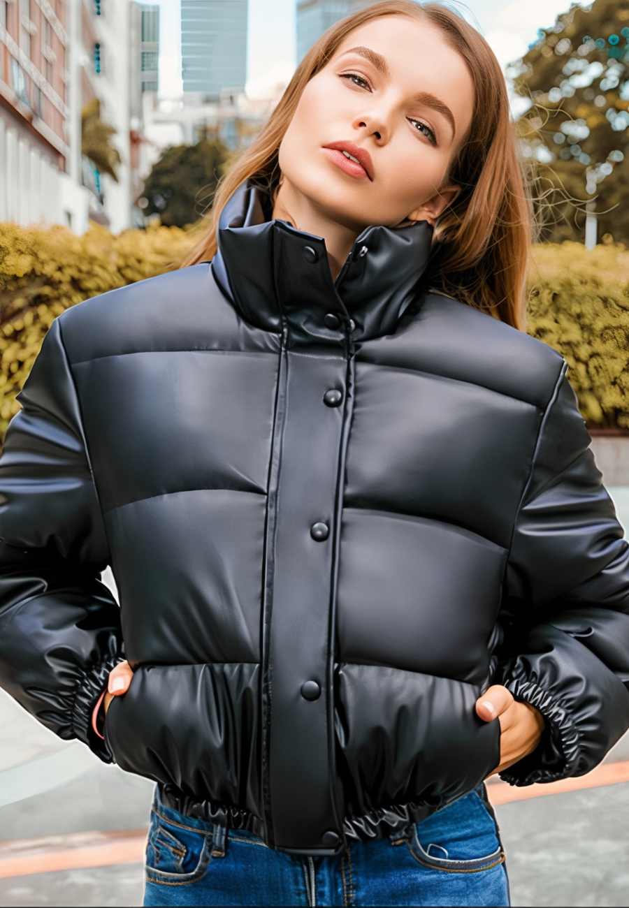 Short Faux Leather Puffer Jacket with Loose Fit and Stand-Up Collar for Women