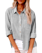 Cotton and Linen Long Sleeve Shirt with Pockets for Women