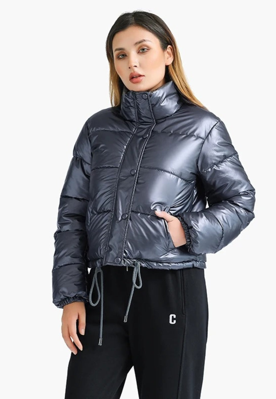 Short Fitted Shiny Puffer Jacket with Stand-Up Collar for Women