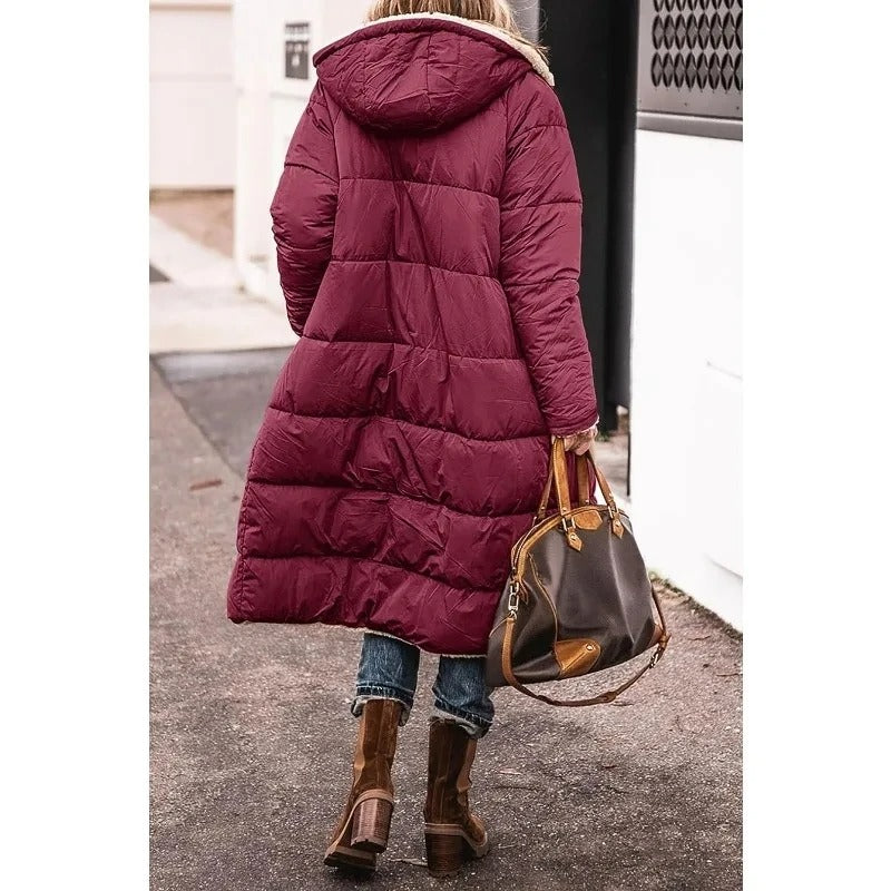 Long Hooded Down Jacket with Sherpa Lining for Women