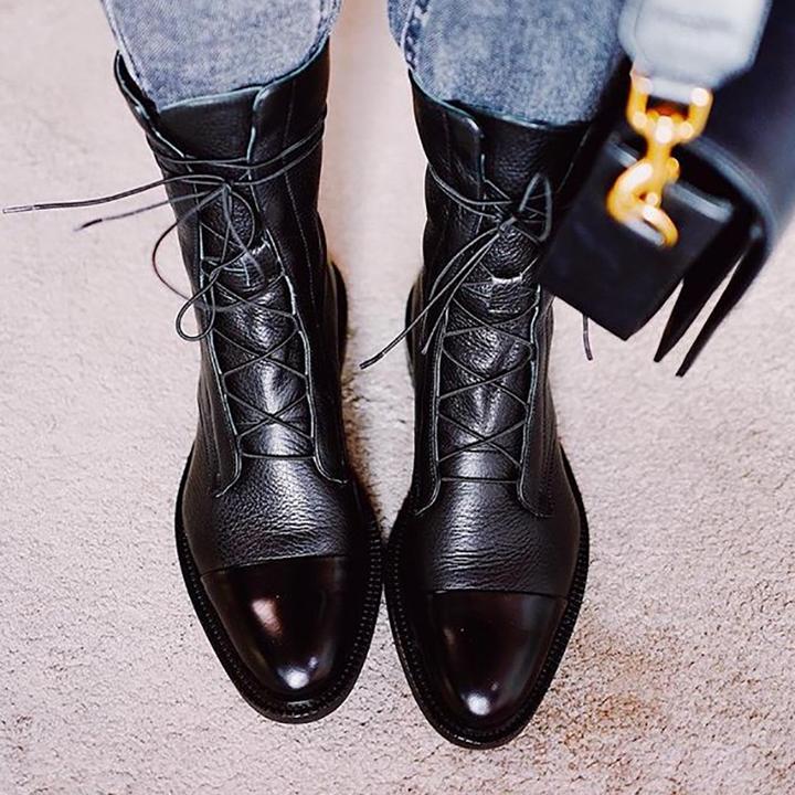 Mid-Calf Lace-Up Boot with Faux Leather Heel for Women