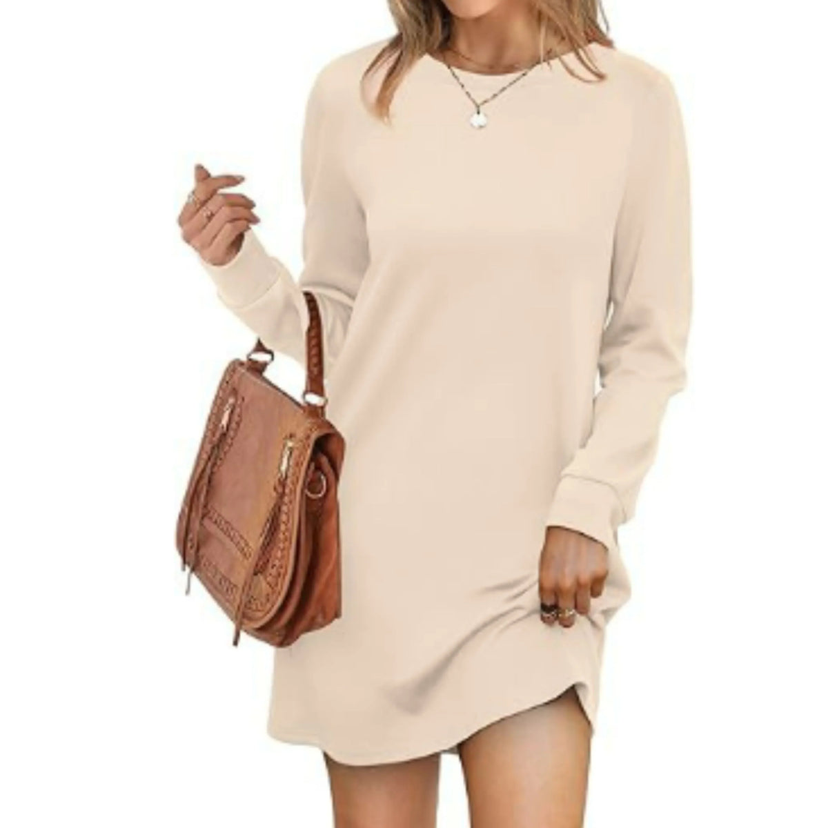 Short Loose Fit Sweater Dress with Long Sleeves and Round Neck for Women