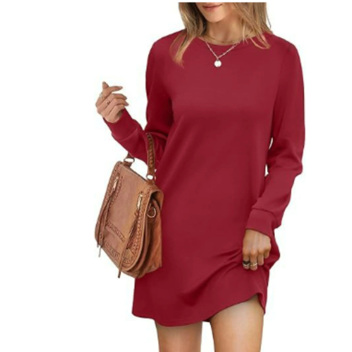 Short Loose Fit Sweater Dress with Long Sleeves and Round Neck for Women