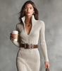 Fitted Midi Dress with Long Sleeves and V-Neck in Ribbed Knit