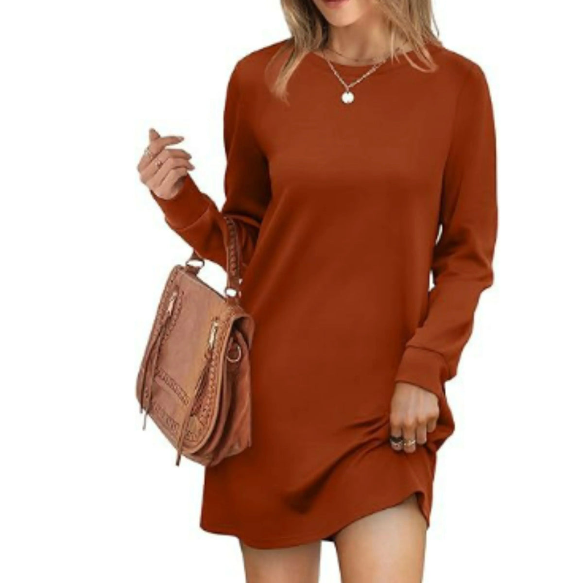 Short Loose Fit Sweater Dress with Long Sleeves and Round Neck for Women