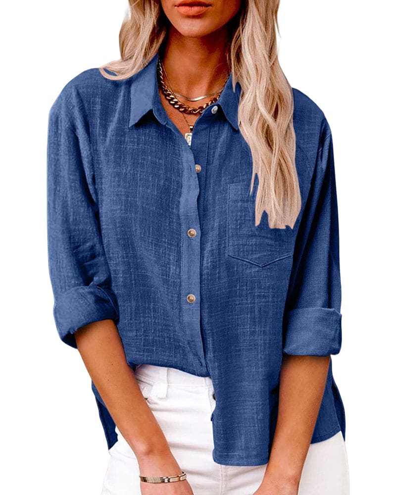 Cotton and Linen Long Sleeve Shirt with Pockets for Women
