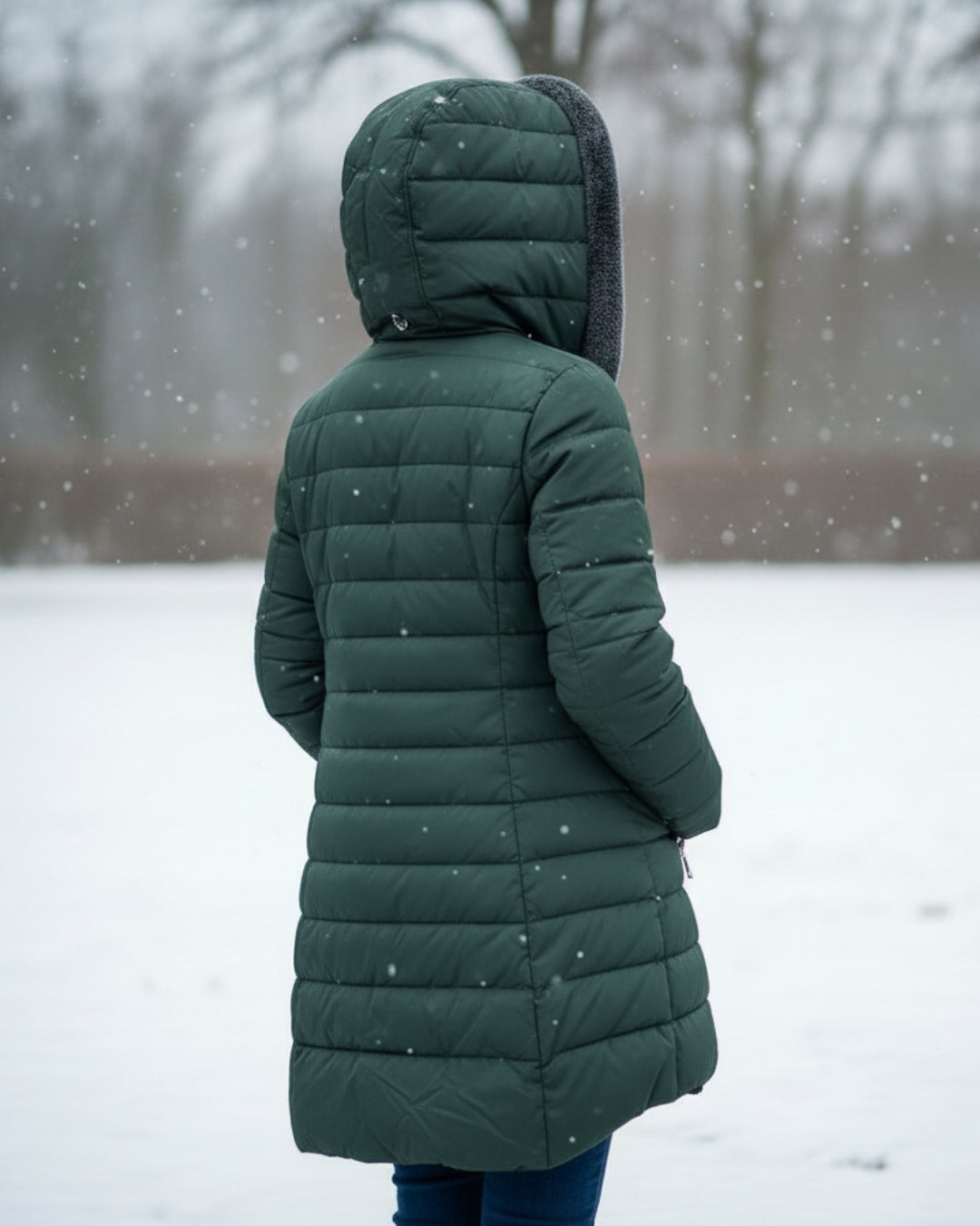 Long Quilted Fitted Down Jacket with Faux Fur Hood