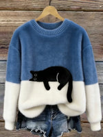 Casual sweater with cat pattern for women