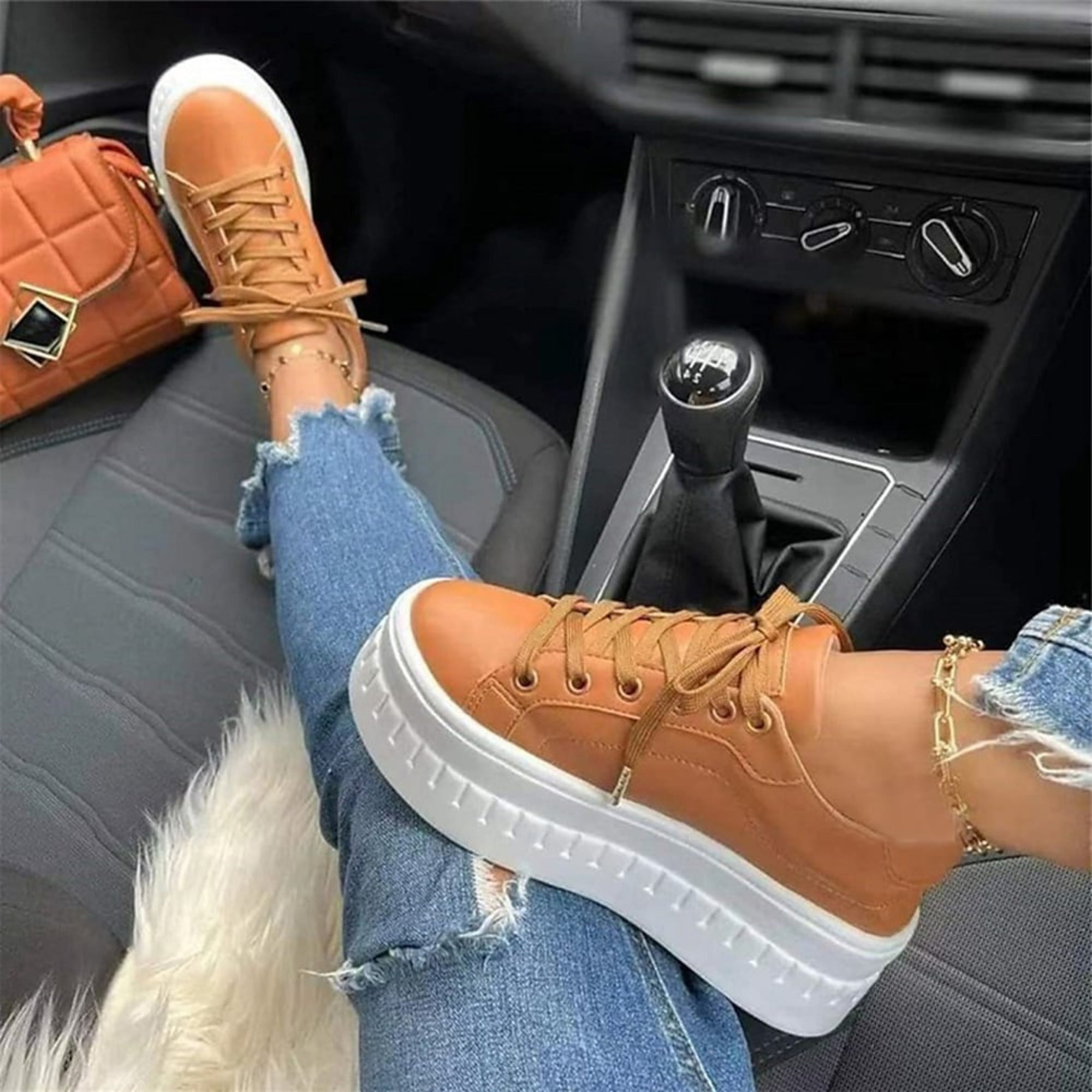 Platform Sneakers with Thick Sole in Faux Leather for Women